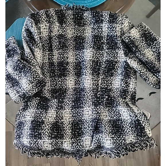 Carol Anderson by Invitation Blazer Jacket Sz 10 Black White Plaid Tweed Fringe - Picture 13 of 16